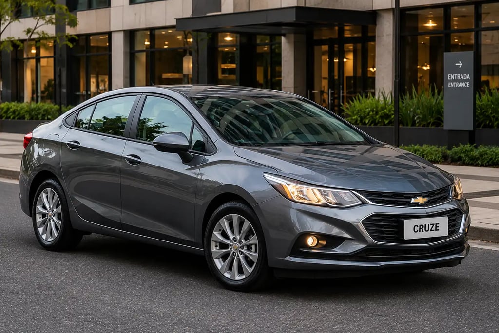 Chevrolet Cruze cinza estacionado em cenário urbano moderno.