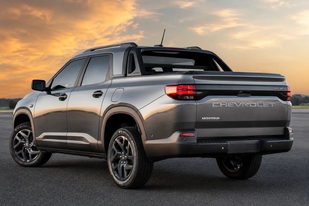 Chevrolet Montana 2027 prata com vista traseira em estrada sob céu alaranjado ao entardecer