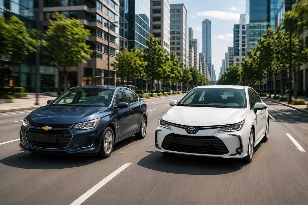 Chevrolet Onix Plus e Toyota Corolla XEi lado a lado em avenida urbana em movimento.