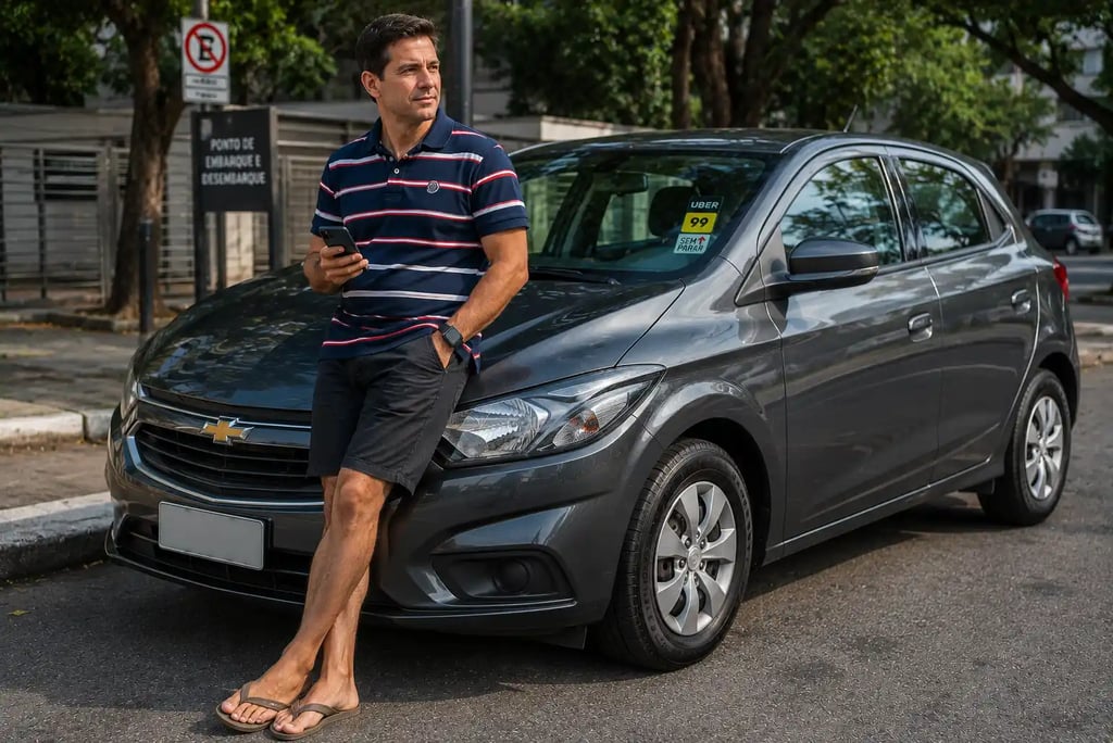Motorista de aplicativo ao lado de um Chevrolet Onix aguardando corridas em área urbana.