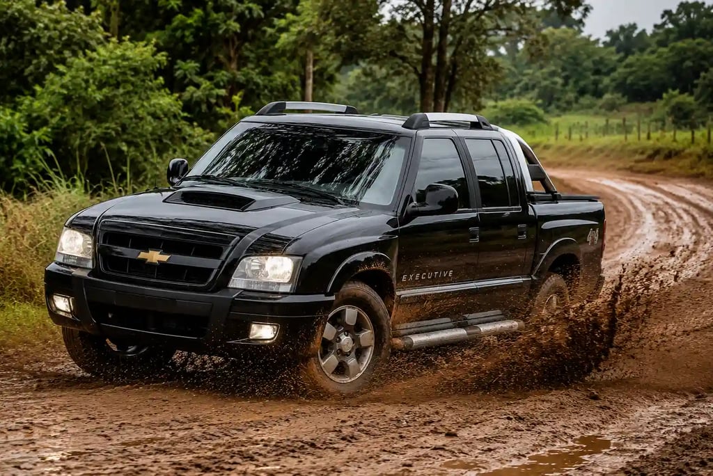 Chevrolet S10 Executive preta fazendo curva em estrada de terra com barro levantando