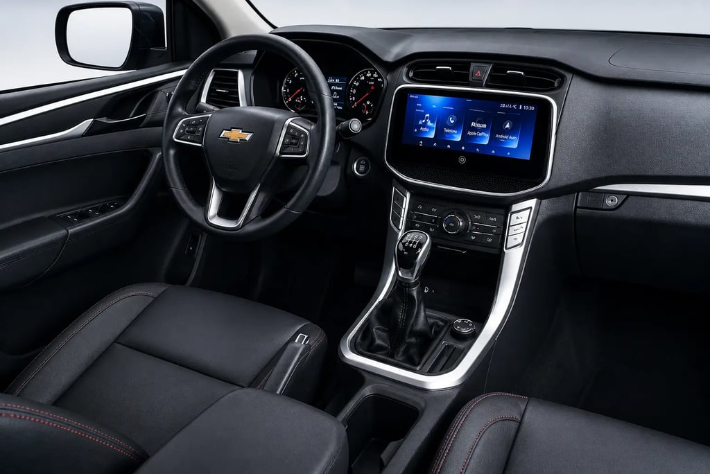 Interior da Chevrolet S10 Max picape chinesa com central multimídia e acabamento simples
