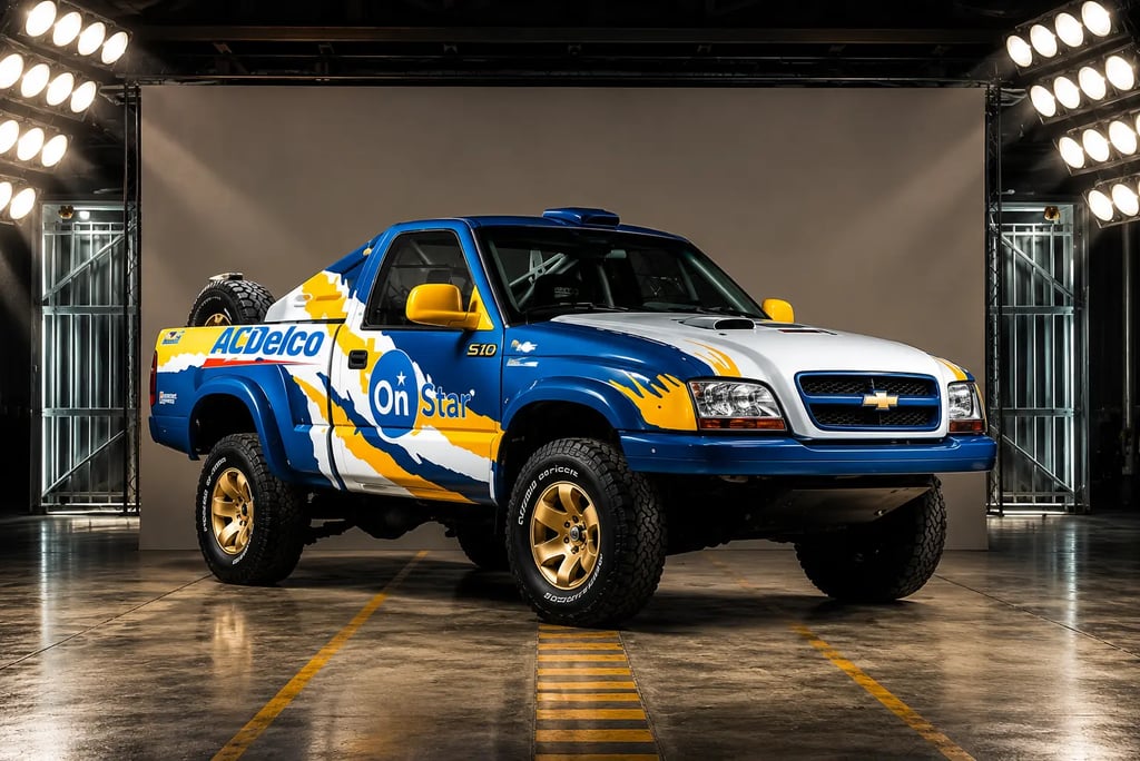 Chevrolet S10 Rally restaurada com pintura de competição em estúdio iluminado.