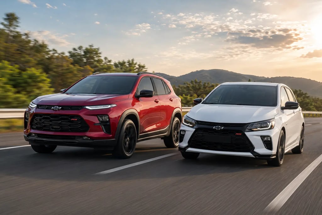 Chevrolet Sonic 2026 e Onix lado a lado em movimento na rodovia