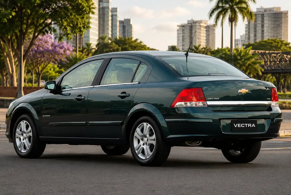 Chevrolet Vectra Elegance visto traseira em ambiente urbano com placa Vectra e acabamento premium.