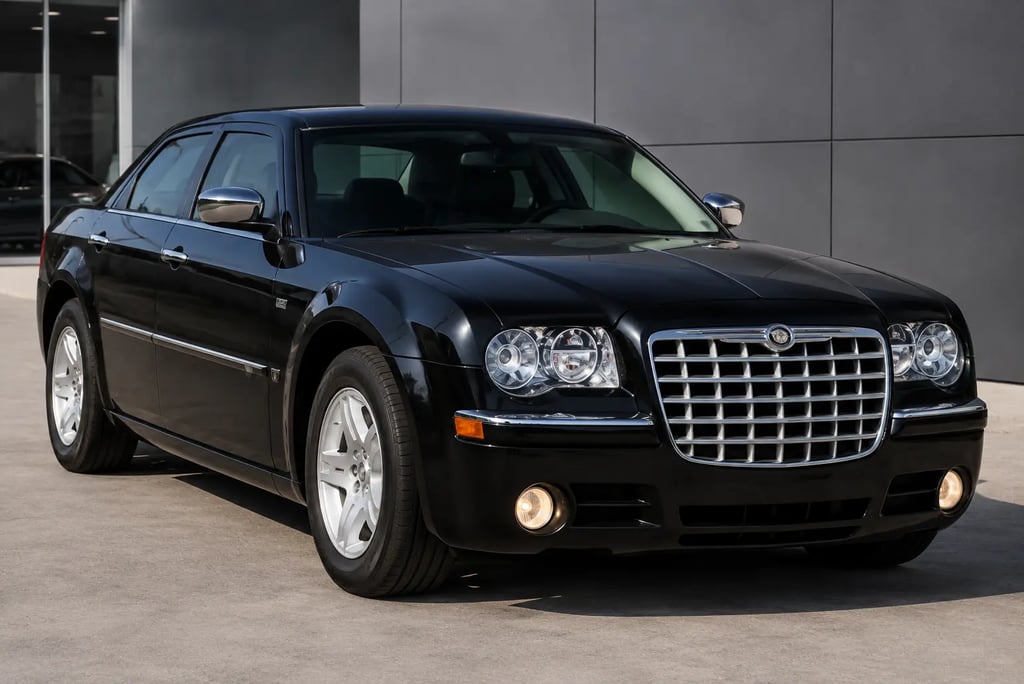Chrysler 300C V8 preto em área externa com visual luxuoso e imponente.