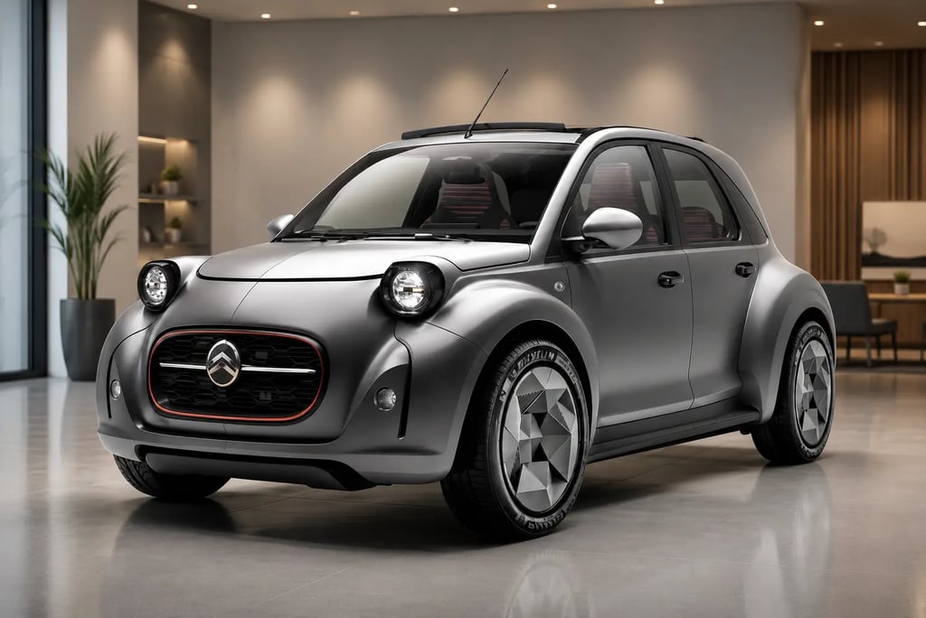 Conceito do Citroën 2CV elétrico exibido em showroom interno com design retrô moderno