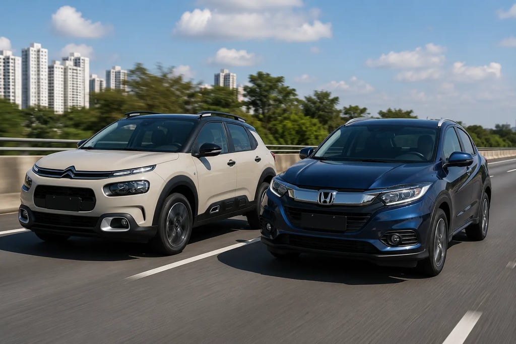 Citroën C4 Cactus e Honda HR-V em movimento lado a lado em uma rodovia.