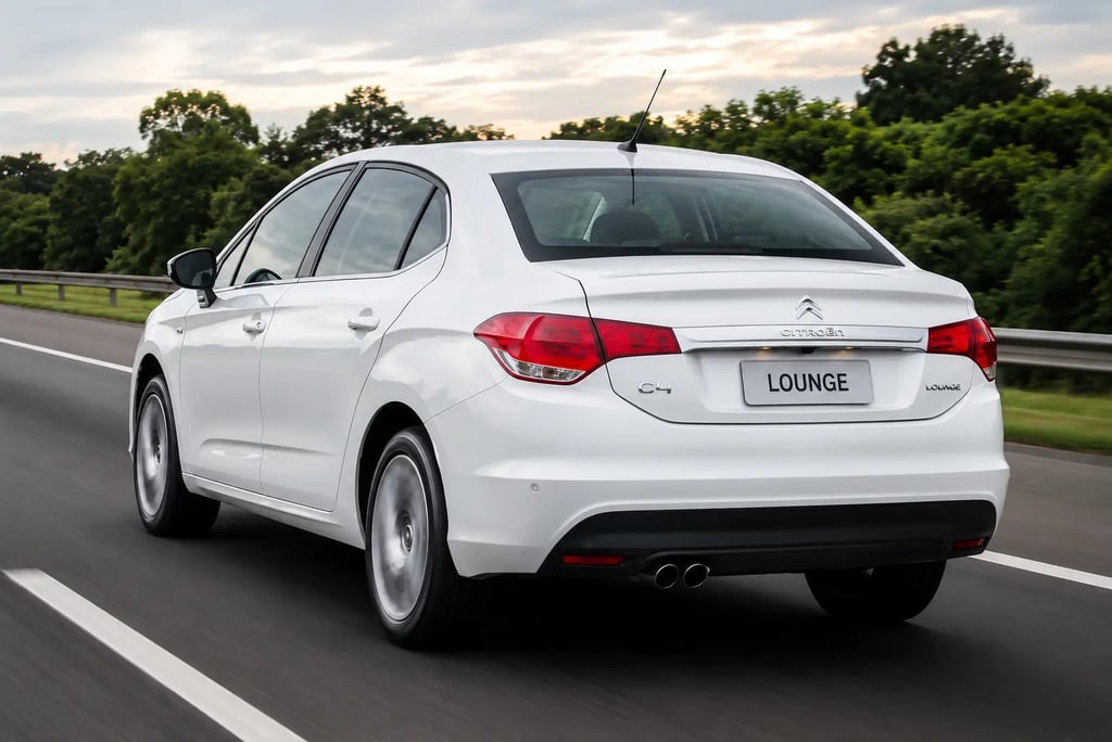 Traseira do Citroën C4 Lounge 2017 branco em rodovia destacando o design traseiro