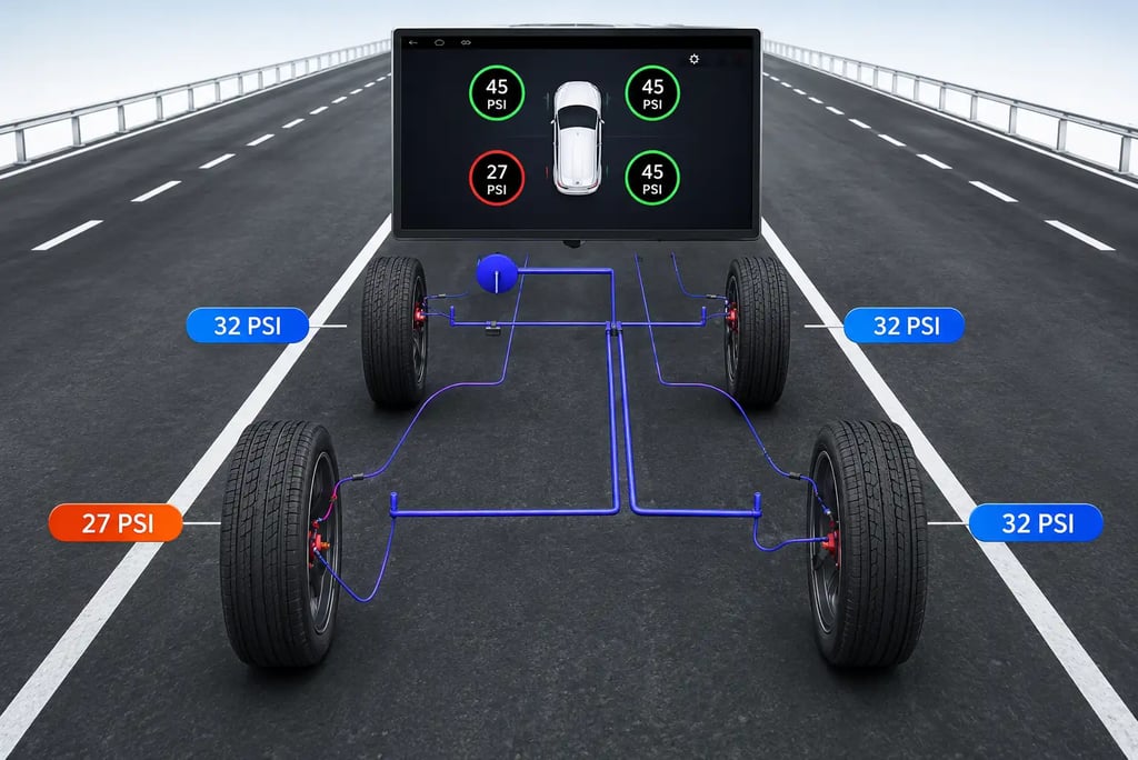 Ilustração do sistema TPMS monitorando a pressão dos pneus em tempo real