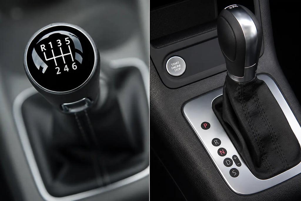 Comparação entre câmbio manual e automático em consoles de veículos modernos.