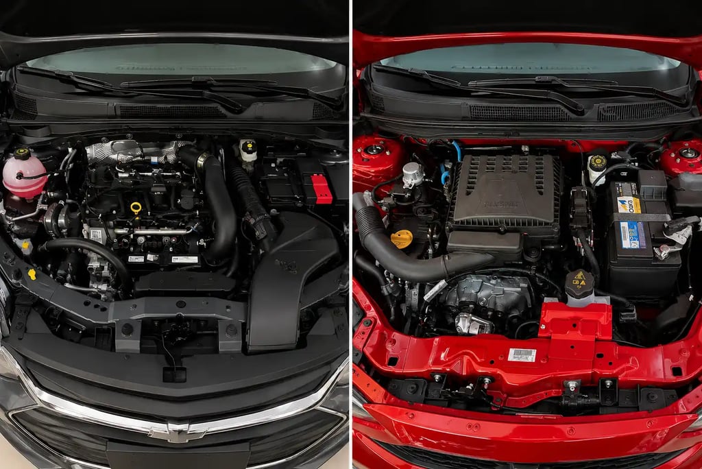 Comparativo entre os motores do Fiat Cronos e Chevrolet Onix Plus lado a lado.