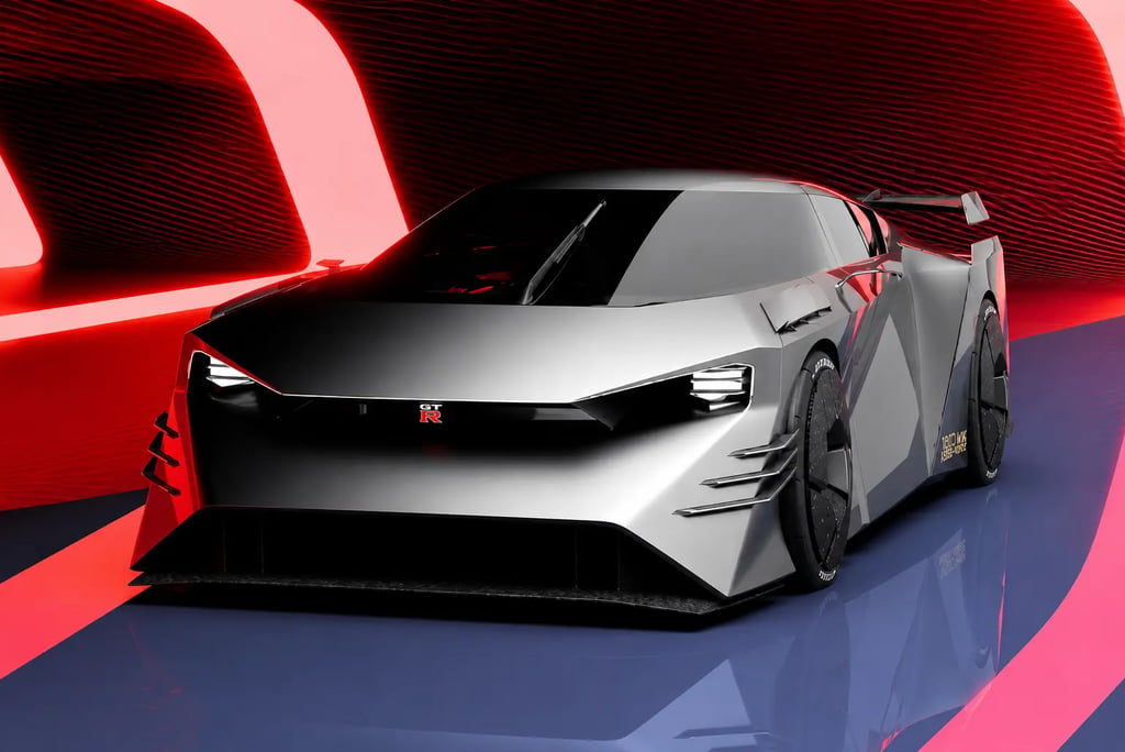 Conceito futurista do novo Nissan GT-R com visual agressivo e iluminação neon.