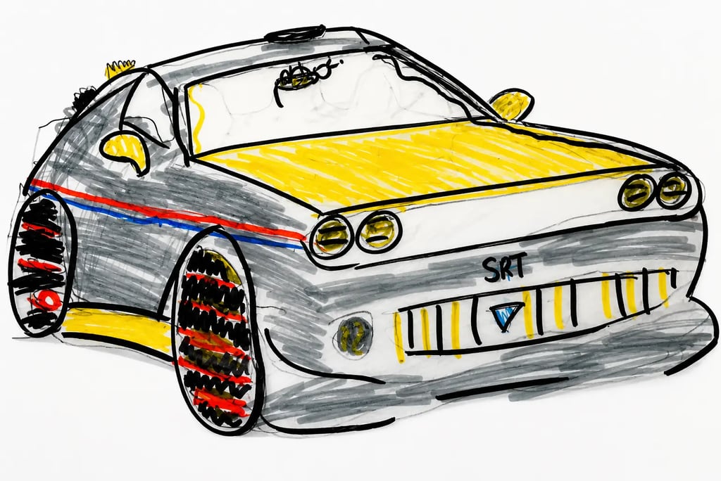Desenho de carro SRT futurista feito à mão com estilo agressivo e detalhes esportivos
