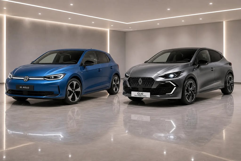 Volkswagen ID Polo e Renault Clio em showroom como concorrentes do Yaris 2028