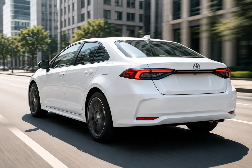 Toyota Corolla 2027 branco em movimento visto de traseira em avenida urbana moderna durante o dia