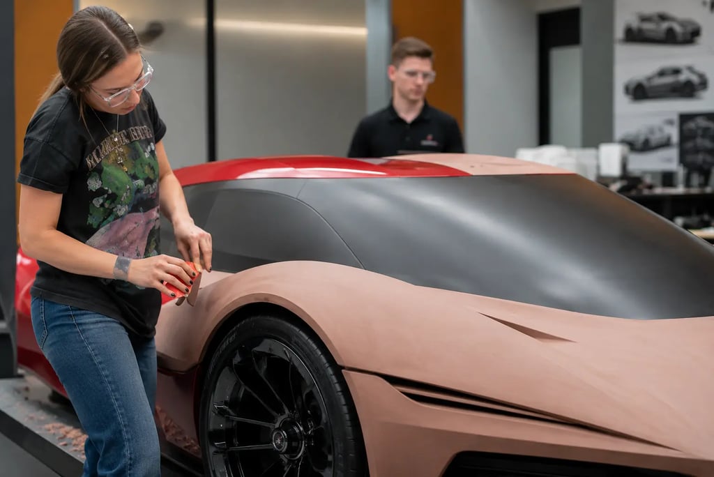 Designer da GM esculpindo modelo em argila do Corvette C9 durante fase de desenvolvimento