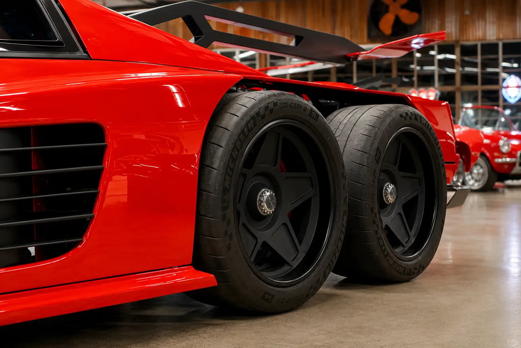 Detalhe das rodas traseiras da Ferrari Testarossa 6x6 com configuração de seis rodas