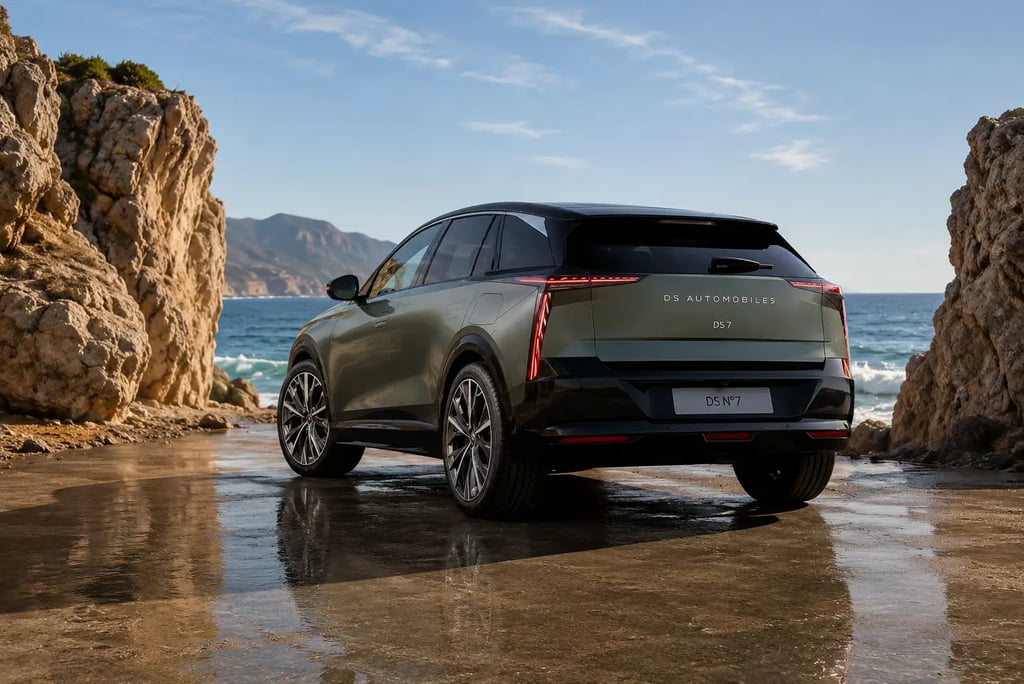 Novo DS 7 elétrico visto traseira em cenário litorâneo com visual premium futurista