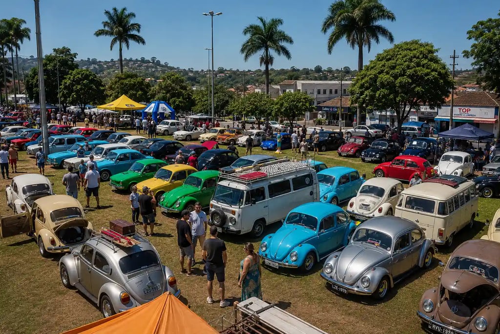 Encontro de carros antigos reúne modelos clássicos em evento automotivo ao ar livre