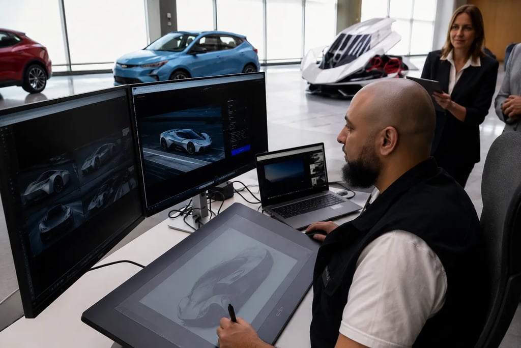 Equipe da GM analisando renderizações digitais do Corvette C9 em estúdio de design avançado