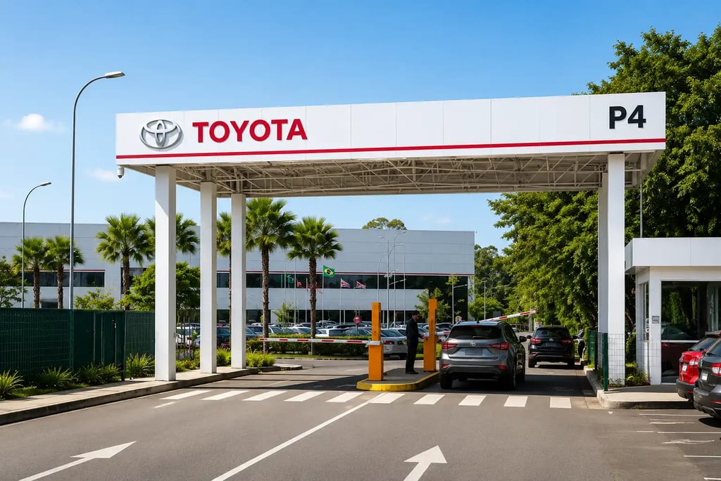 Entrada da fábrica da Toyota em Indaiatuba com portaria e acesso de veículos.