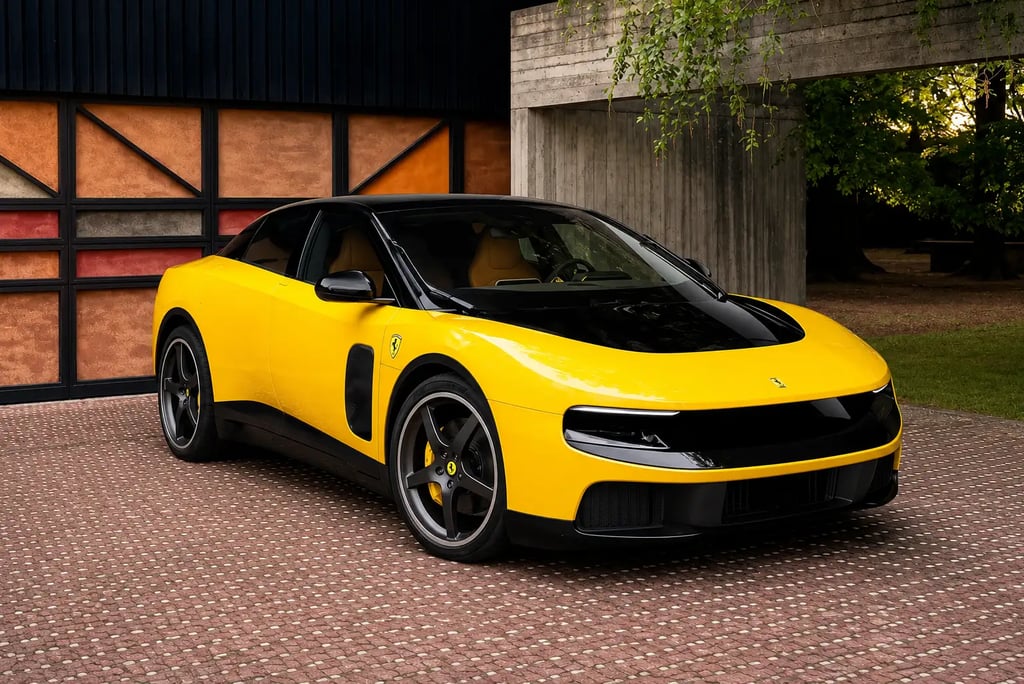 Ferrari Luce elétrico amarelo estacionado em frente a residência de arquitetura moderna