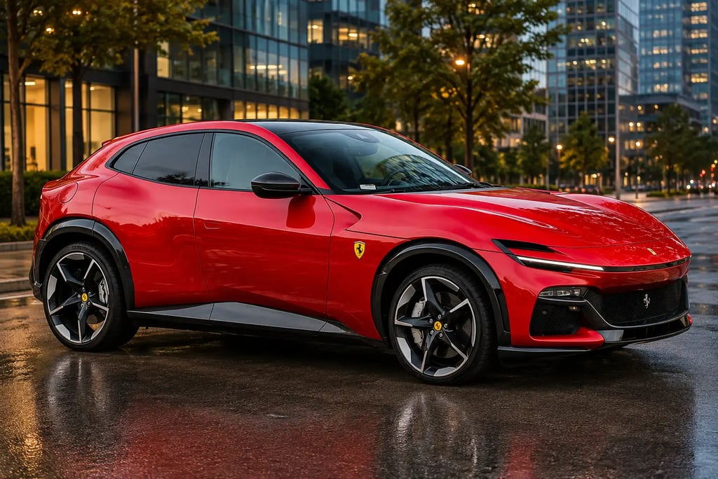 Ferrari Purosangue vermelha estacionada em rua urbana com prédios modernos ao fundo