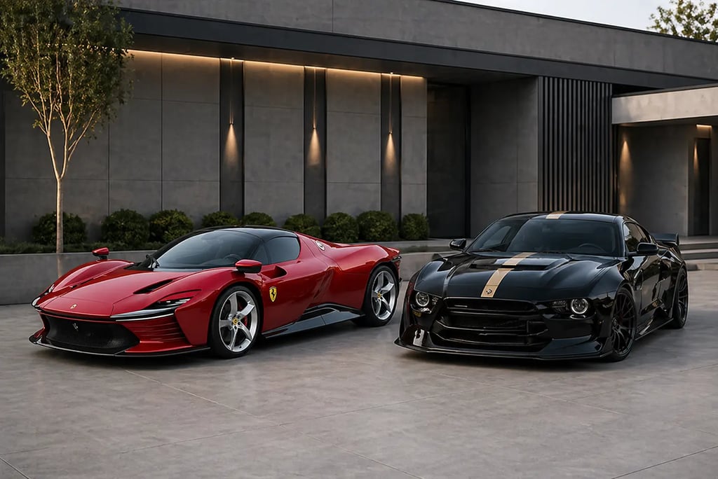 ferrari vermelha moderna ao lado de muscle car preto em showroom externo