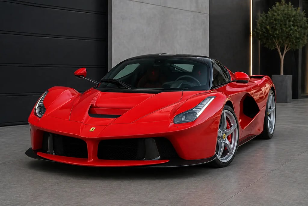 ferrari vermelha de luxo em showroom externo com arquitetura moderna e fundo neutro realista