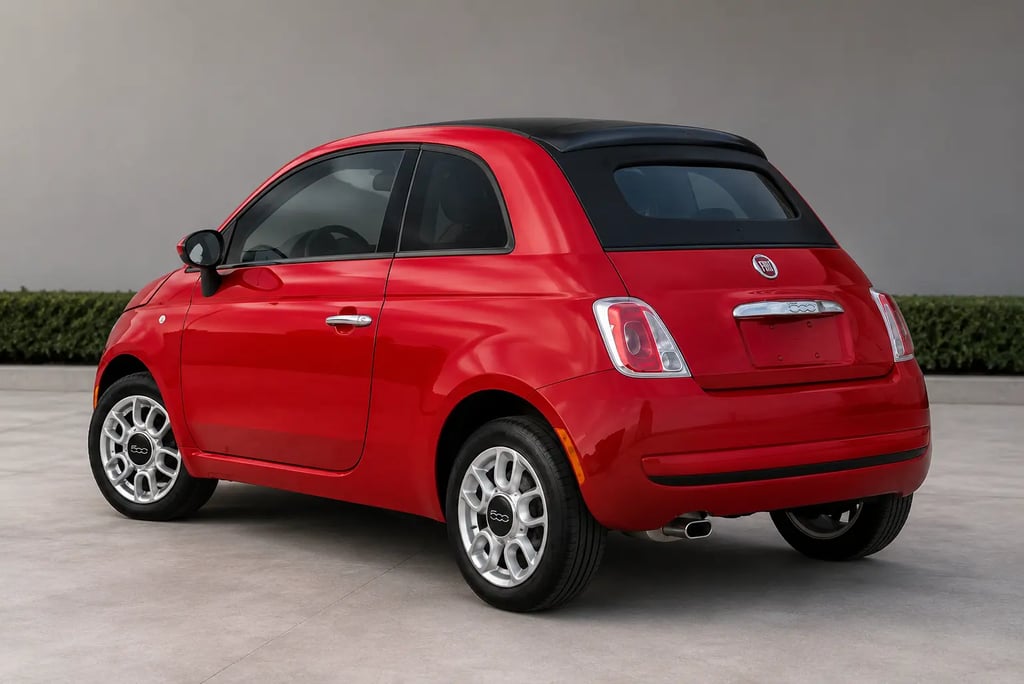 Fiat 500 vermelho visto de traseira em showroom externo com visual moderno e elegante.