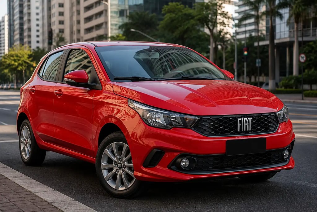 Fiat Argo vermelho estacionado em ambiente urbano moderno com prédios ao fundo