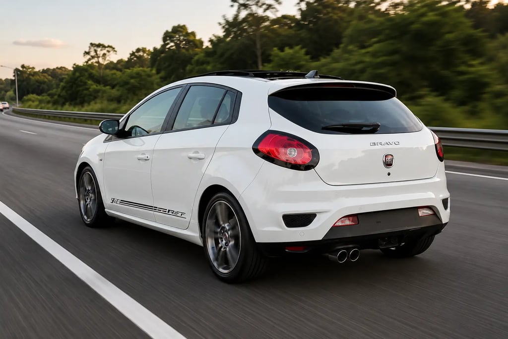Fiat Bravo T-Jet 2016 branco em movimento na rodovia visto pela traseira