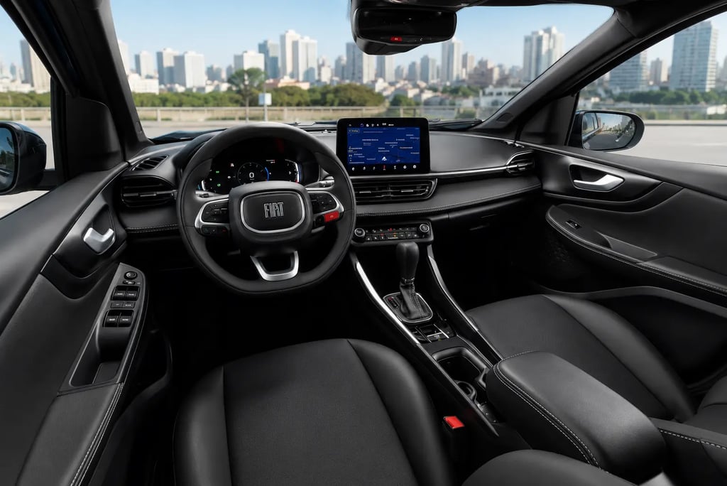 Interior do Fiat Fastback Impetus Híbrido 2026 com painel digital e central multimídia