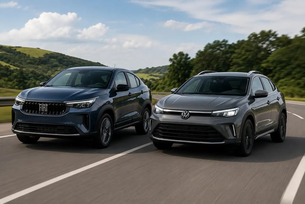 Fiat Fastback T200 e Volkswagen Nivus Sense em movimento na rodovia