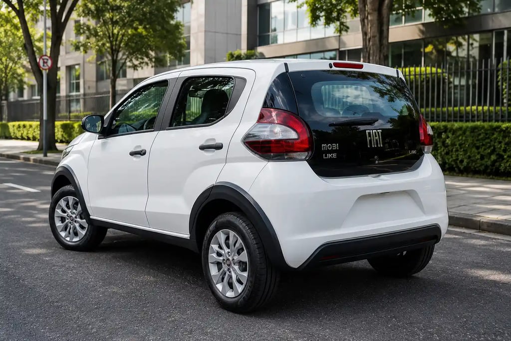 Traseira do Fiat Mobi 2024 branco estacionado em rua urbana durante o dia