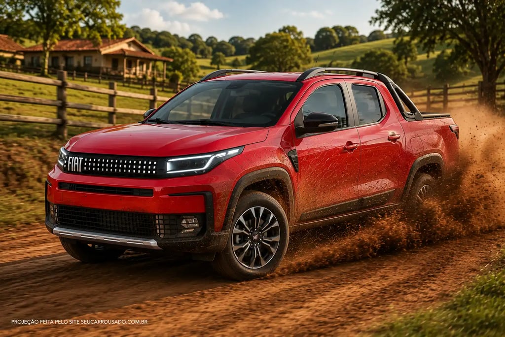Fiat Strada 2027 cabine dupla vermelha em curva de terra com faróis acesos