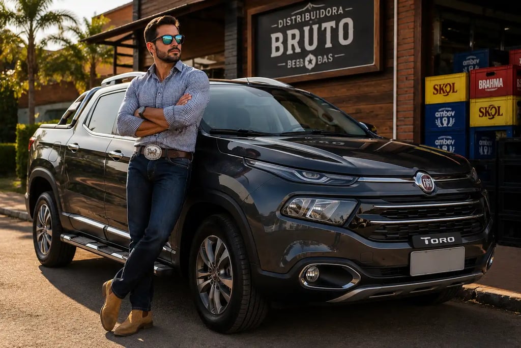 Homem de estilo sertanejo urbano ao lado de uma Fiat Toro em frente a uma distribuidora de bebidas.
