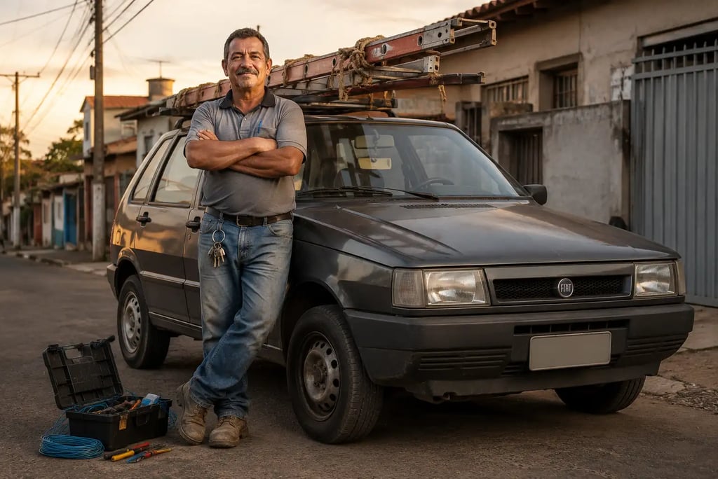 Eletricista autônomo ao lado de um Fiat Uno com escada no teto e ferramentas de trabalho.