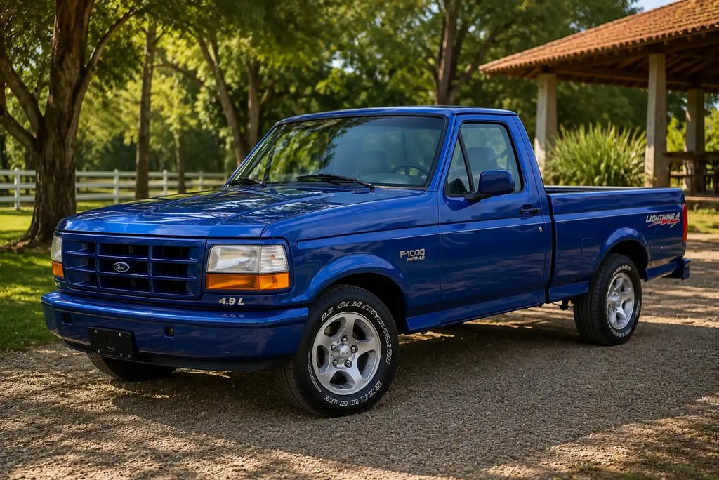 Ford F-1000 Lightning azul restaurada em cenário rural com visual clássico e acabamento impecável