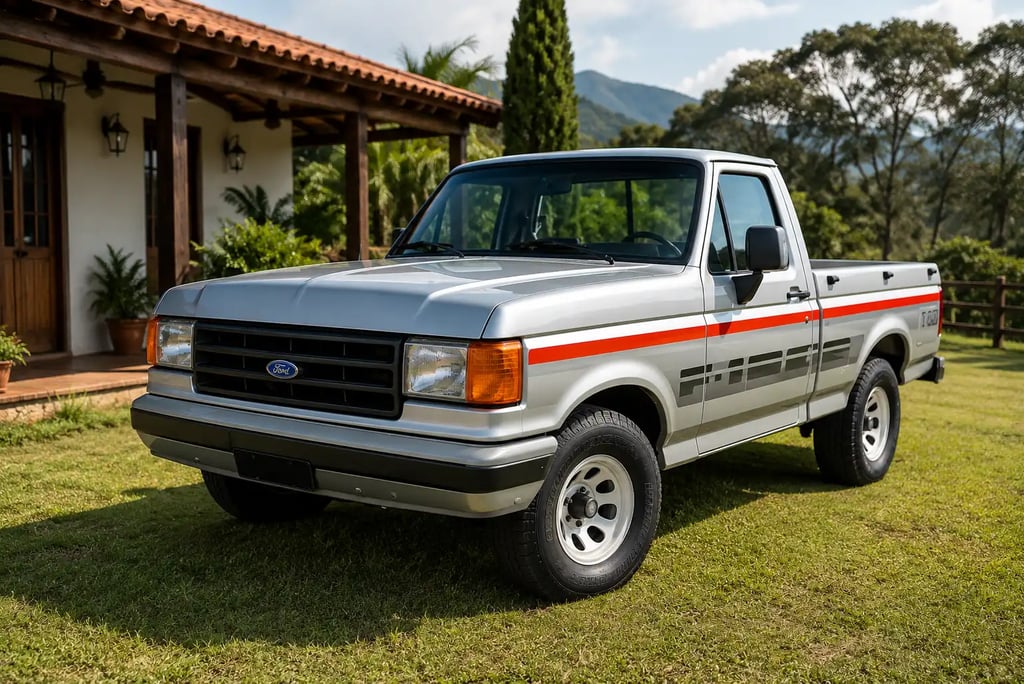 Ford F-1000 Lightning restaurada em cenário de casa de campo com visual de revista automotiva