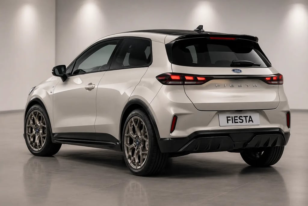 Novo Ford Fiesta visto de traseira em showroom neutro com acabamento premium