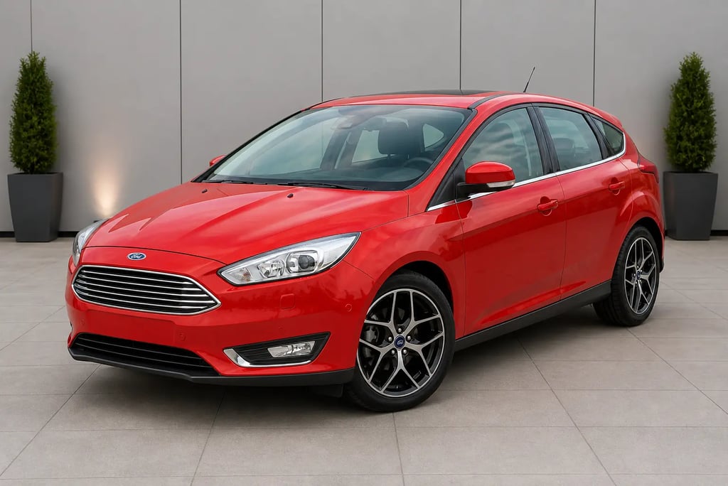 Ford Focus Titanium vermelho em ambiente de showroom externo neutro sem placa dianteira