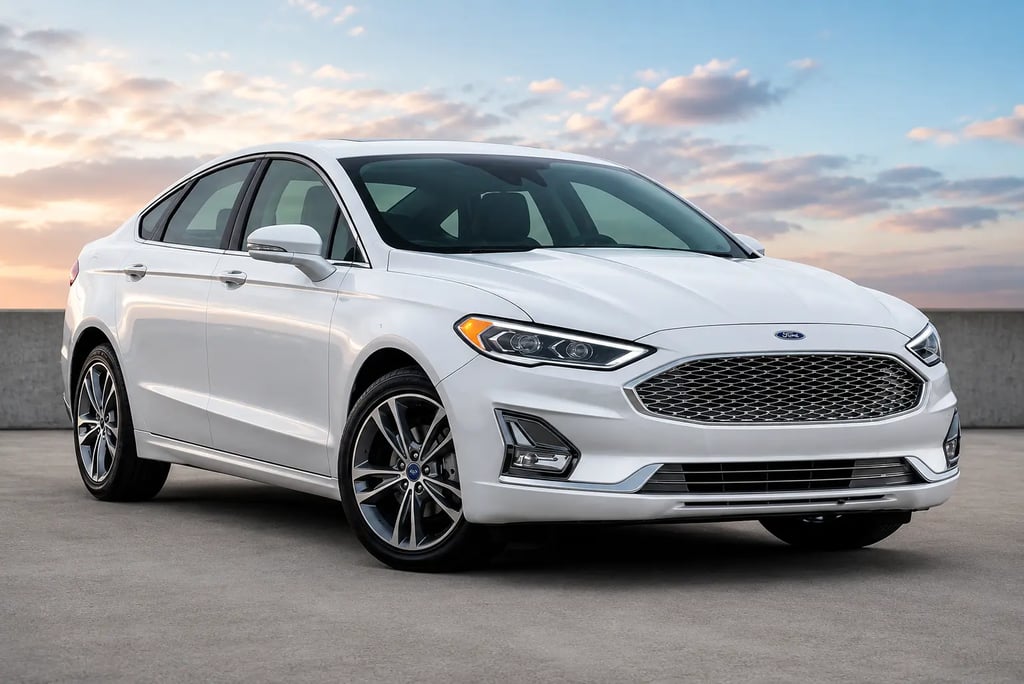 Ford Fusion branco estacionado com visual elegante ao pôr do sol.