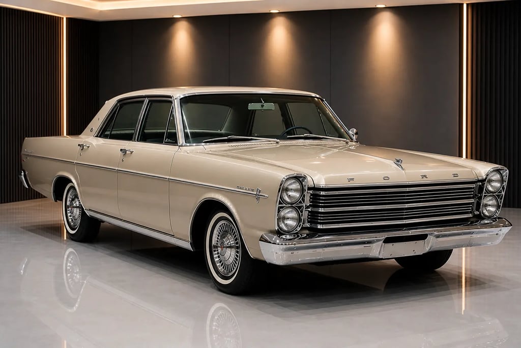 Ford Galaxie bege em showroom com piso brilhante e iluminação suave