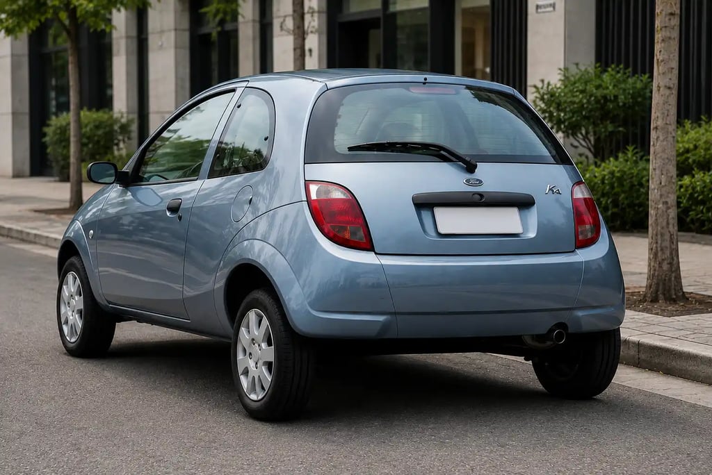Ford Ka 2005 azul visto pela traseira em rua urbana durante o dia