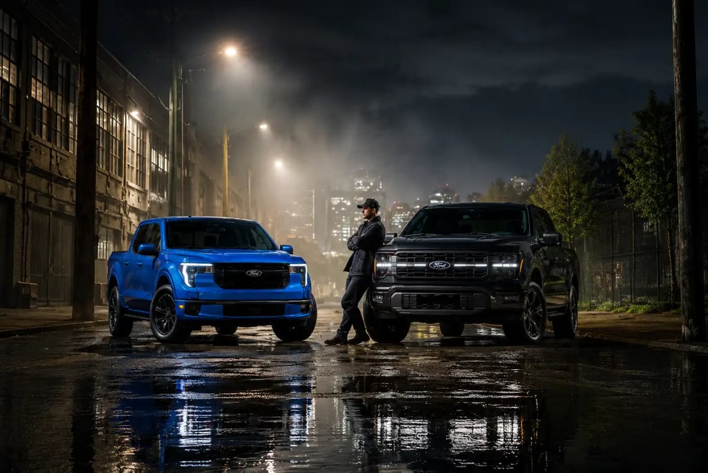 Ford Maverick e F-150 estacionadas em rua urbana iluminada durante a noite
