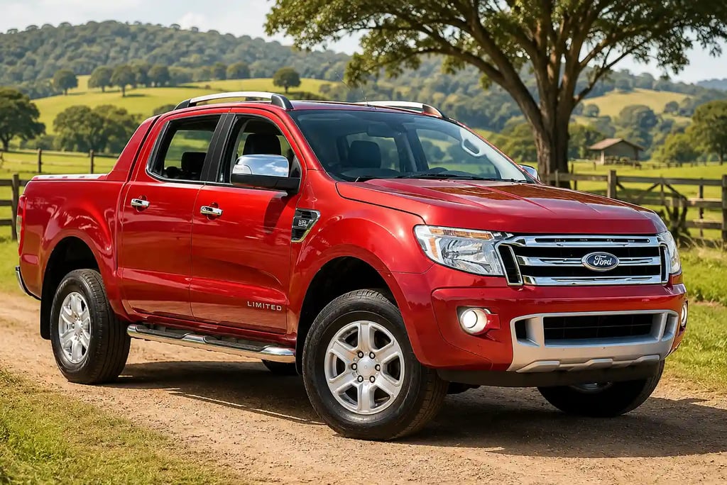 Ford Ranger Limited diesel 4x4 vermelha em estrada de terra no campo