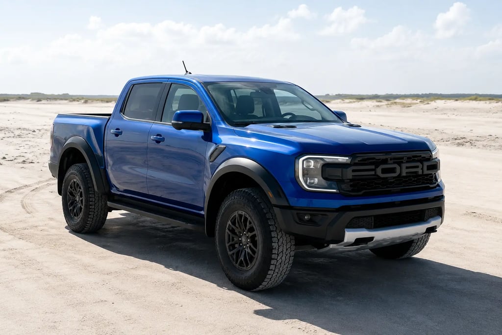 Ford Ranger Raptor azul em terreno arenoso com visual off-road e sem placa dianteira