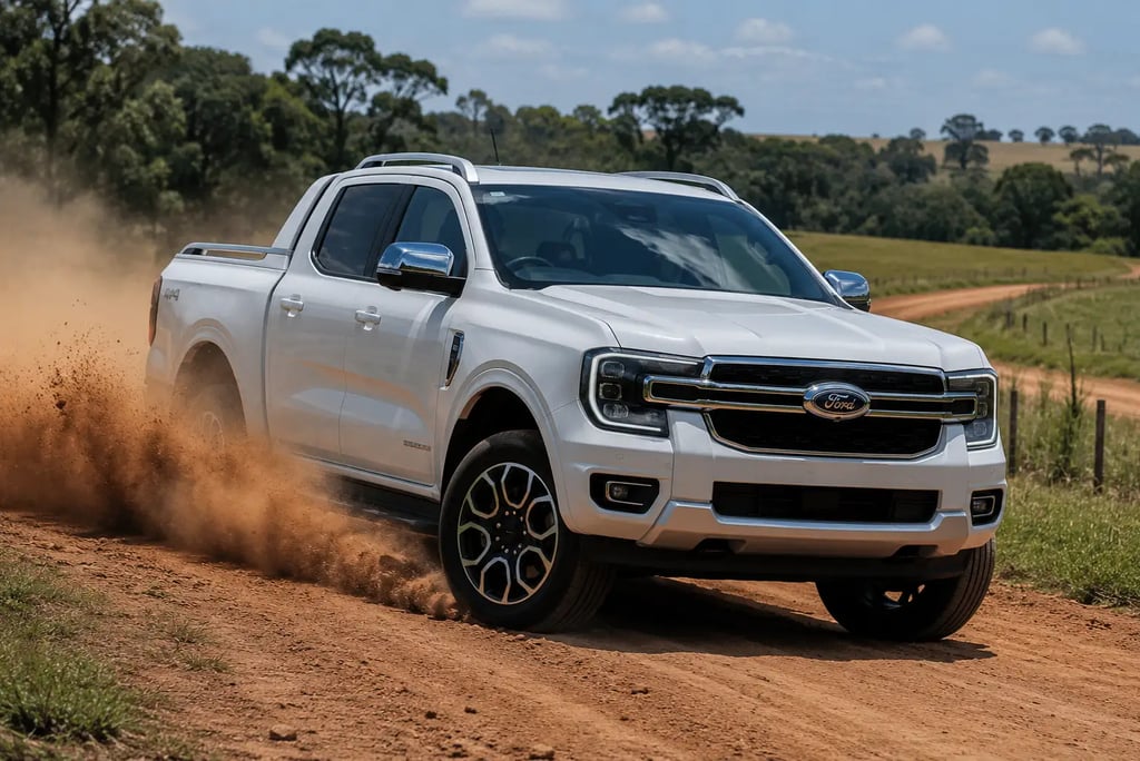 Ford Ranger V6 branca faz curva em estrada rural levantando poeira
